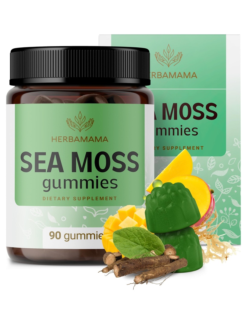 HERBAMAMA Sea Moss Gummies - 1600 mg True Sea Moss Gummies for Thyroid Support – Immune Support Supplement with Bladderwrack and Burdock Root - Vegan, Non-GMO - 90 Count (45 Servings)