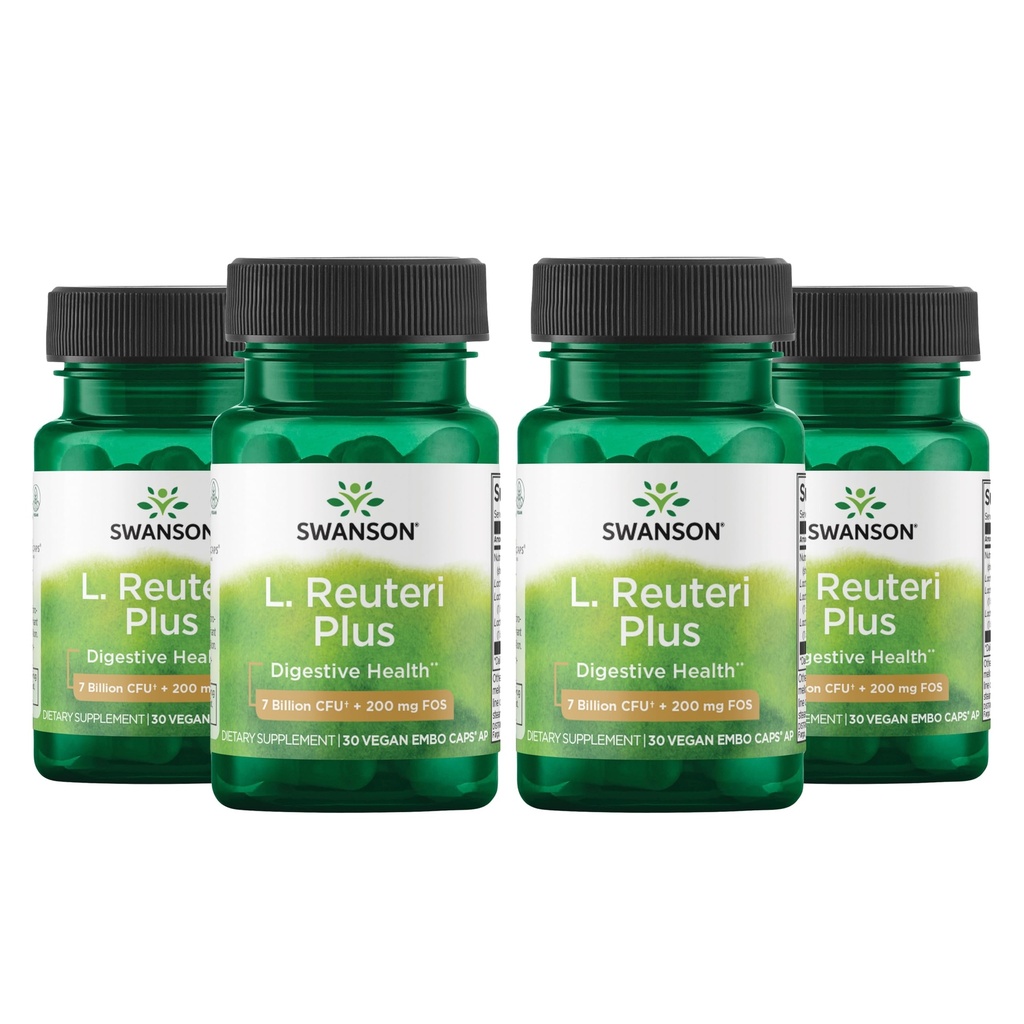 Swanson L. Reuteri Probiotic Plus w/L. Rhamnosus L. Acidophilus & FOS Prebiotic Digestieve Ondersteuning - Bevordert Gut Health w/7 Miljard CFU per capsule - (30 Veggie Capsules) (4 verpakkingen)