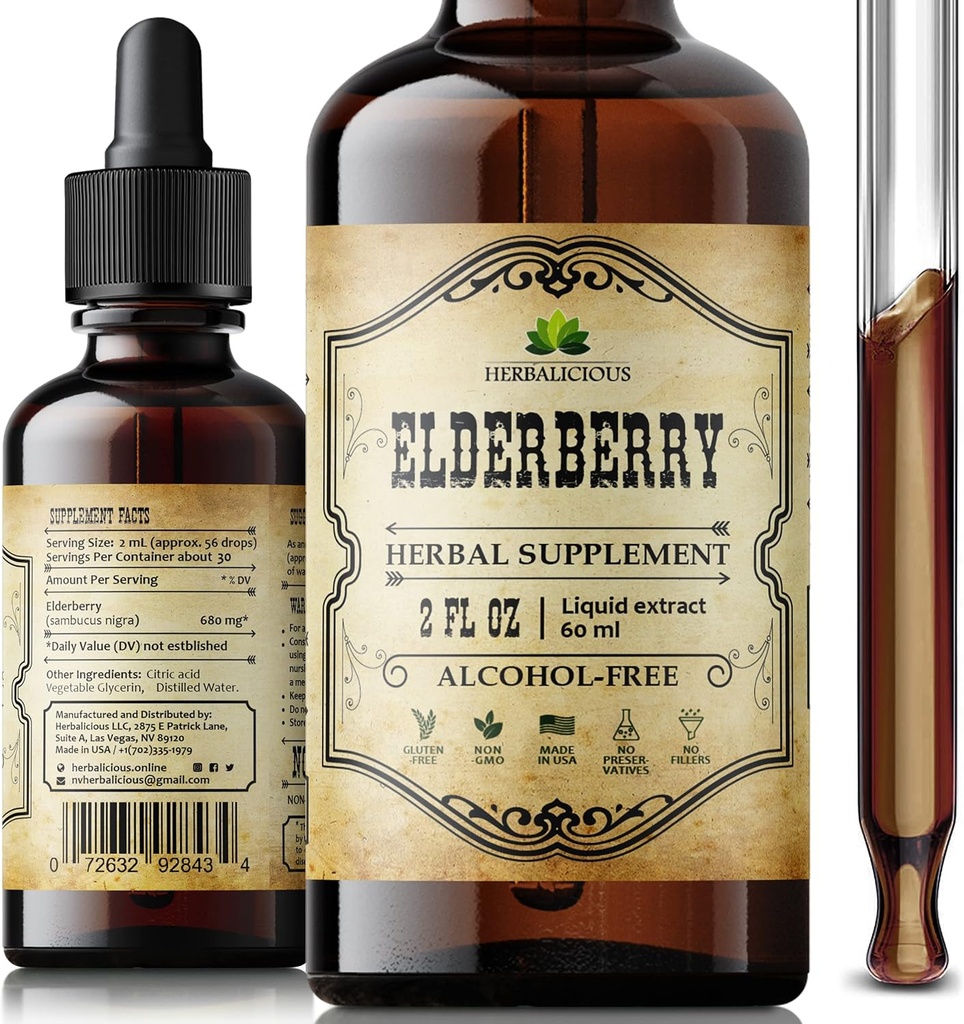 Extrait biologique de baies aînées – Supplément naturel de baies aînées noires – Immune Boosters pour adultes, soutien digestif et cardiaque – Antioxydants, vitamine C et fibre – 2 oz liquide pour hommes et femmes