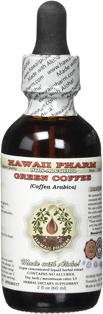 Green Coffee Alcohol-Free Liquid Extract, Green Coffee (Coffea Arabica) Dried Bean Glycerite Hawaii Pharm Natural Herbal Supplement 2 oz