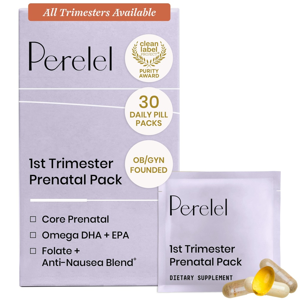 Perelel 1e Trimester Prenatale Pack, Multivitamine met Folaat, Vitamine D, Omega 3, Iron & Gember, Voedingsondersteuning voor vroege zwangerschap, soja & Glutenvrij, niet GGO, 30 dagelijkse pillen