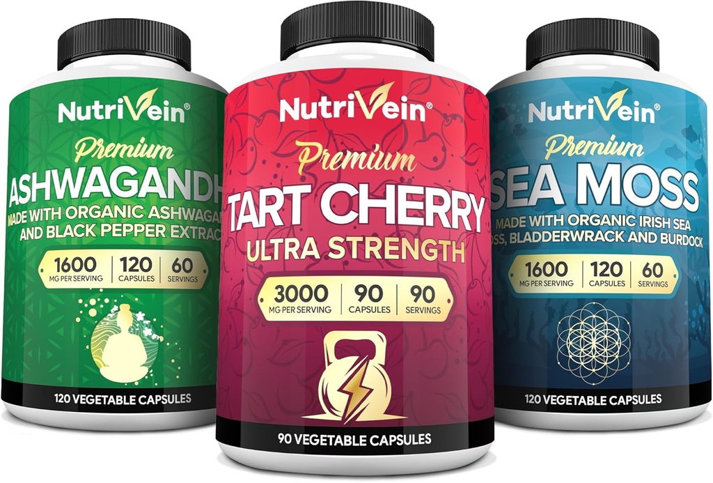 Nutrivein Irish Sea Moss Capsules, Ashwagandha, en Tart Cherry Capsules bundel: Sea Moss, Tart Cherry Supplement, & Ashwagandha Supplementen 