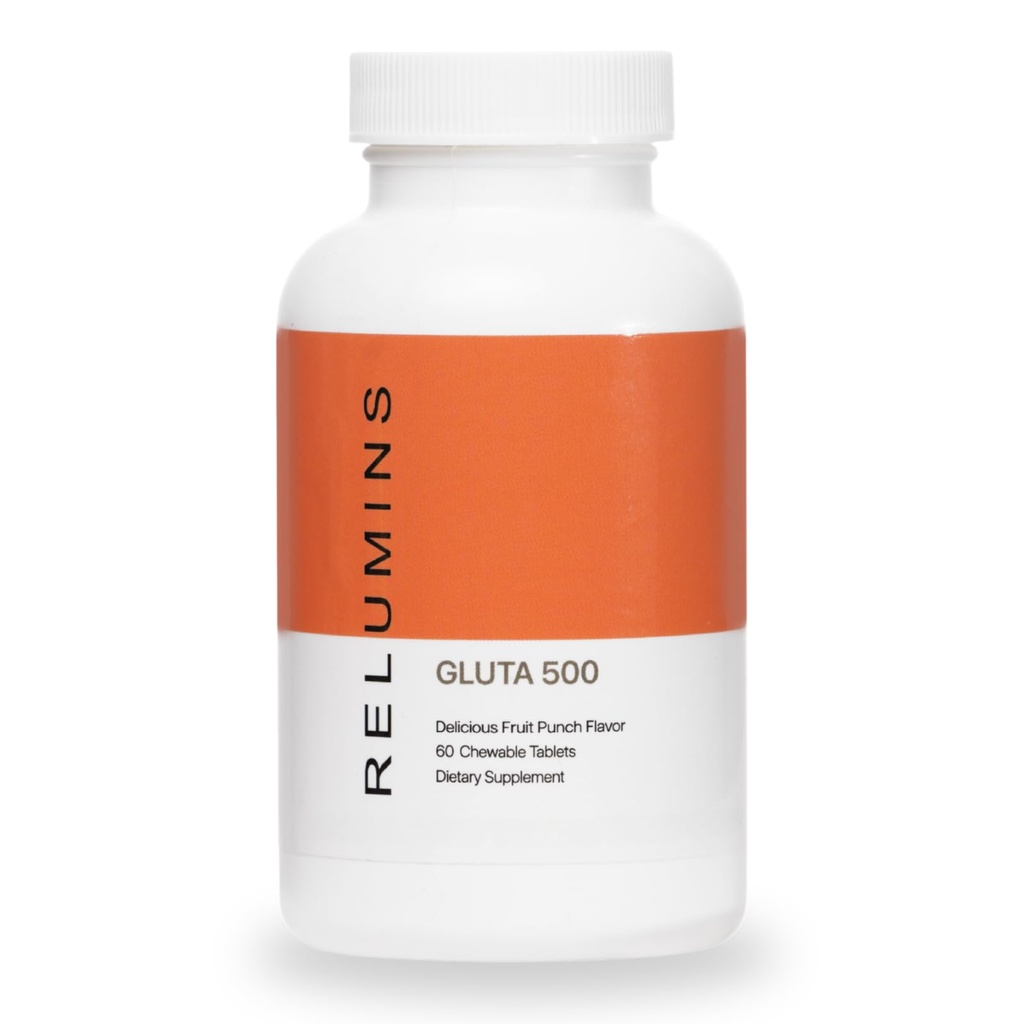 Relumineert Gluta 500 Kauwtabletten met Glutathion, Hyaluronzuur, Vitamine C, Biotine & Collageen Ondersteunt huidtone & Gloeien Fruit Punch Smaak Gemaakt in de VS 60 tabletten