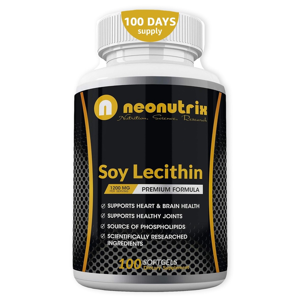 Soy Lecithin Capsules 1200mg (One a Day, 100 Softgels) Immune Support Supplement Rijk aan fosforlipiden Ondersteunt Metabolisme, Brain & Heart Health & Cell Functies Made in The USA Non-GMO by Neonutrix
