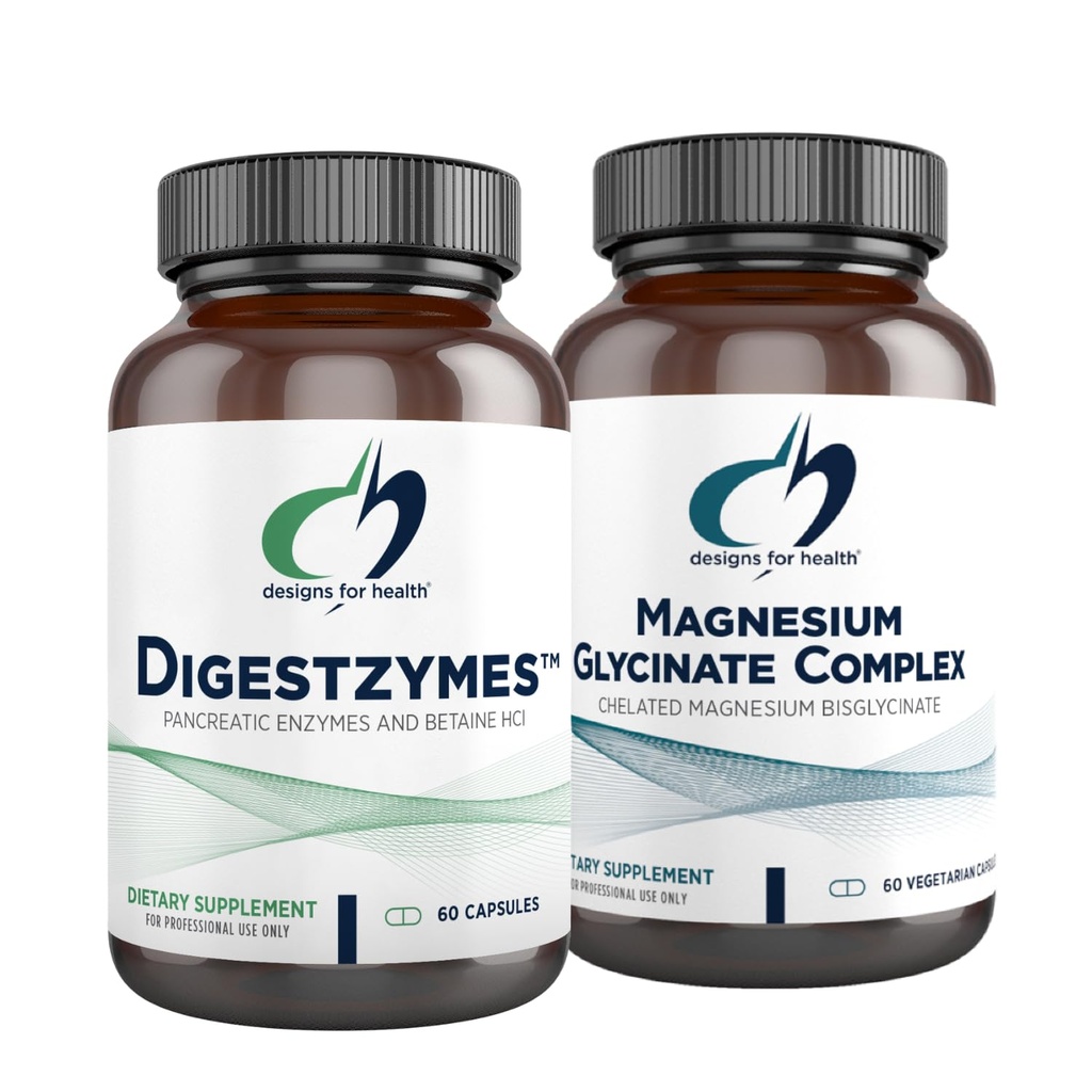 Designs for Health Magnesium Glycinate Complex (60 capsules) & Digestzymes (60 capsules) Bundel - Digestive Enzymes for Occasional Gas & Bloating with High Absorptie Magnesium Supplement