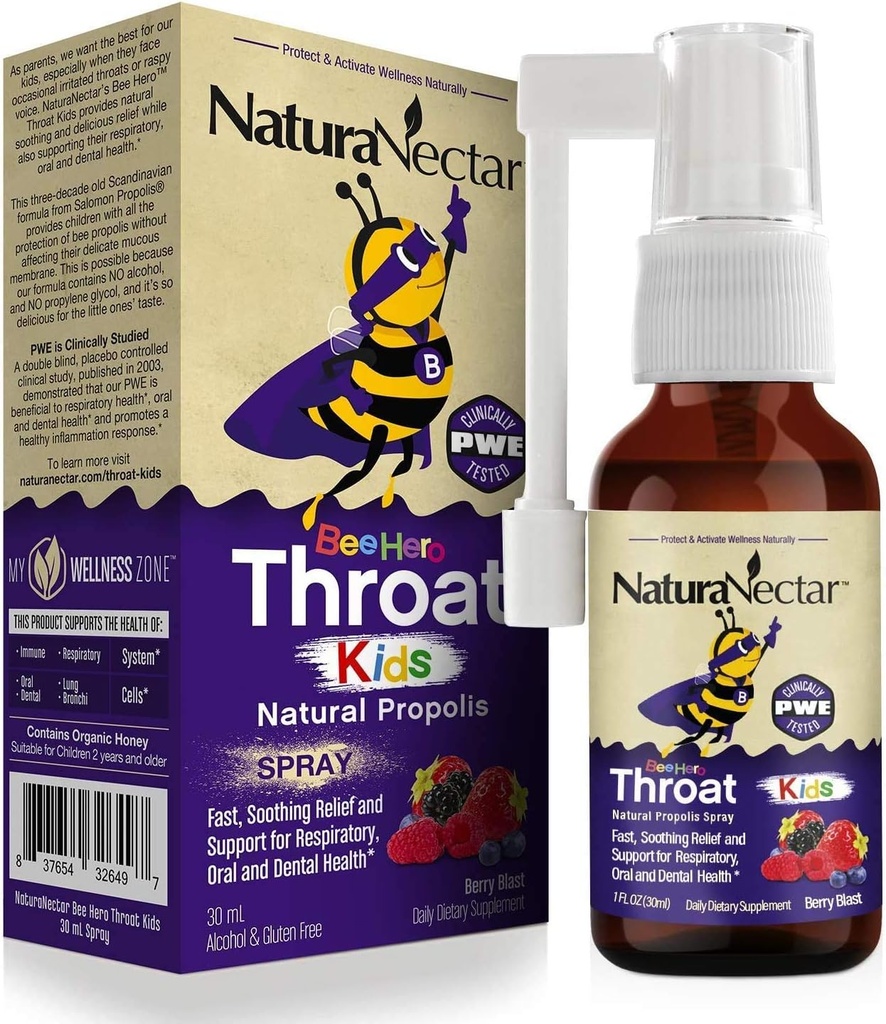 NaturaNectar - BeeHero Brazilian Bee Propolis Throat Spray - Throat Relief for Kids - for Comfort and Protection - Exclusieve Berry Blast Flavor (1 Pack, 1 Fl Oz)
