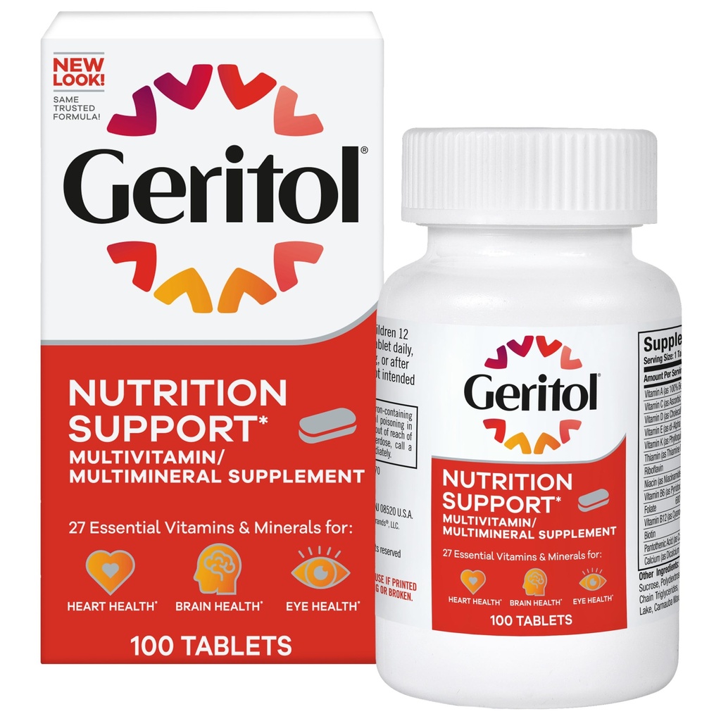 Geritol, supplément multivitamines, contient des vitamines B-vitamines, antioxydants, vitamines C, E & D et fer, 26 vitamines et minéraux essentiels, sans gluten, sans OGM, sans édulcorants artificiels, 100 comprimés