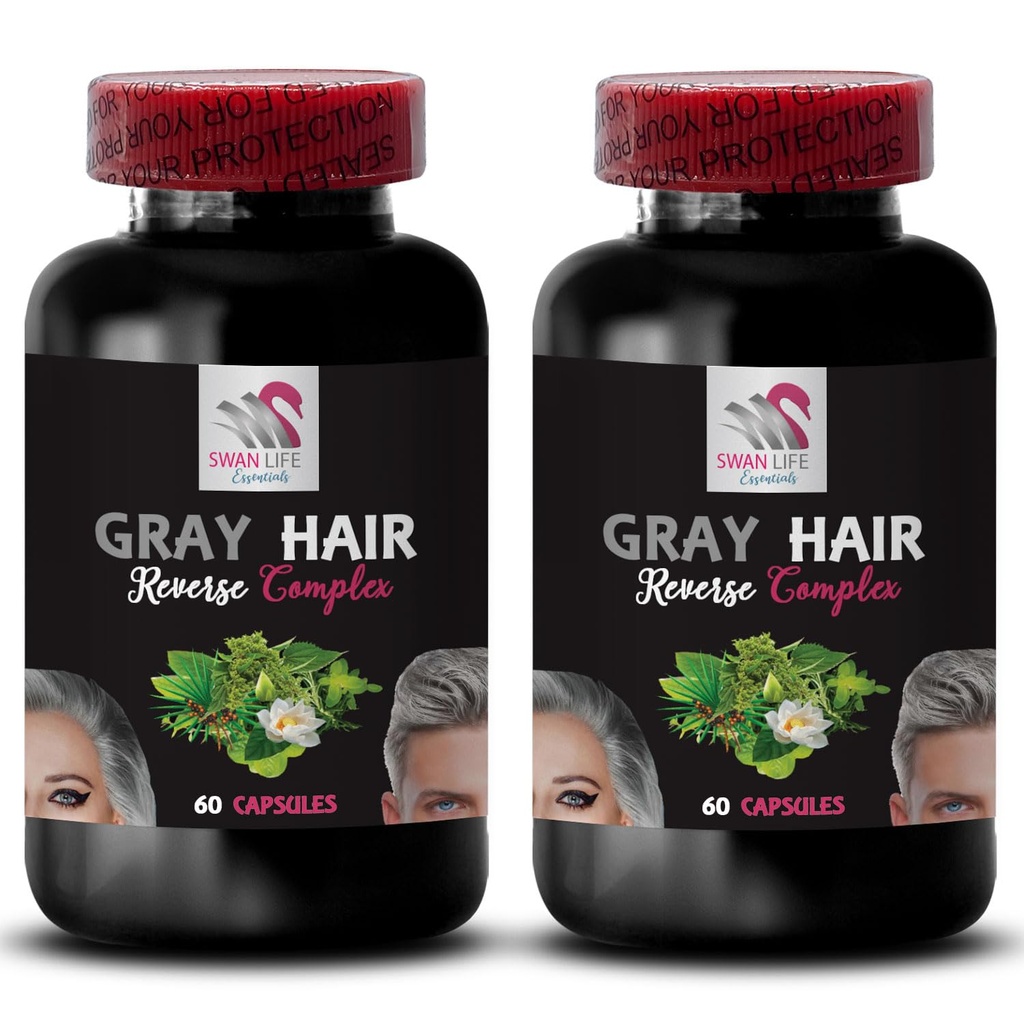 enrichissement des cheveux - GRAY HAIR REVERSE - Revivifiant des cheveux, Couleur boost, Cheveux radiants, Renouveau de l'ombre des cheveux, Transformation des cheveux, Cheveux brillants, Aspect jeune, Riche couleur des cheveux 2 Bouteilles 120 Capsules