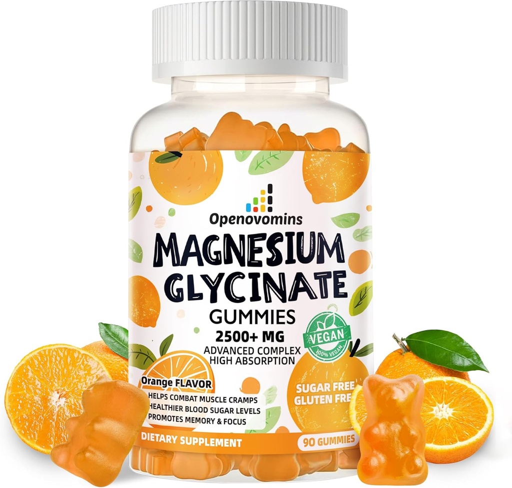 Magnesium Glycinate Gummies- Sugar Free Magnesium Potassium Supplement with Vitamin D, B6, CoQ10 for Calm Mood & Sleep Support - 90 Orange Gummies