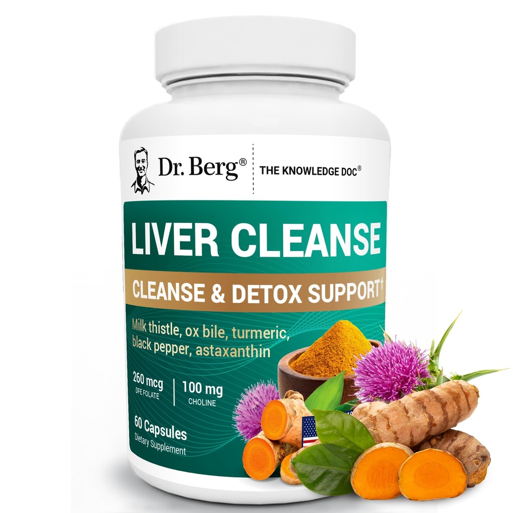 Dr Berg Foie Nettoyer Capsules de détox avec/Unique Mélange de chardon de lait, de bile d'oxygène et de folate - Supplément du foie comprend Turcuma, poivre noir et choline - 60 Capsules