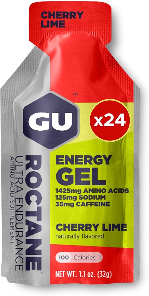 GU Energy Roctaan Ultra Endurance Energy Gel, Veganistisch, Glutenvrij, Kosher en Dairy-Free On-The-Go Sportvoeding voor hardlopen, fietsen, wandelen of skiën, 24-Count, Cherry Lime