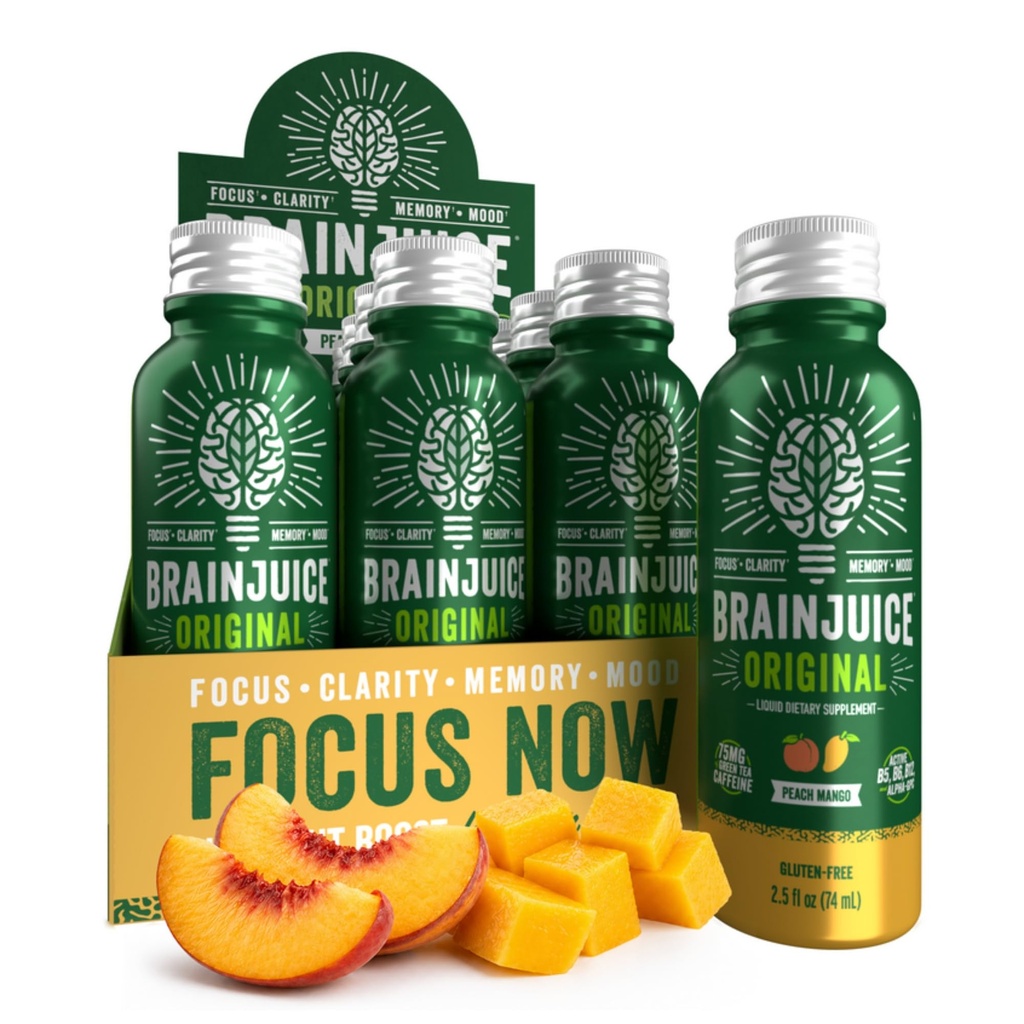 BrainJuice Brain Support Shot, Glutenvrije Supplement Shots voor energie & focus, gezonde drankjes met Alpha GPC, Vitamine B & Organic Green Tea Extract Cafeïne, Peach Mango, 2,5 fl oz, 12 Pack