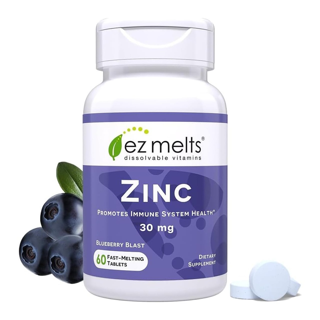EZ Melts Zink - Supplement for Immune, Digestief & Skin Health Support - Non-GMO, Vegan & Glutenvrije - Blueberry Blast - 60 dissolveable Tablets (60 Servings)