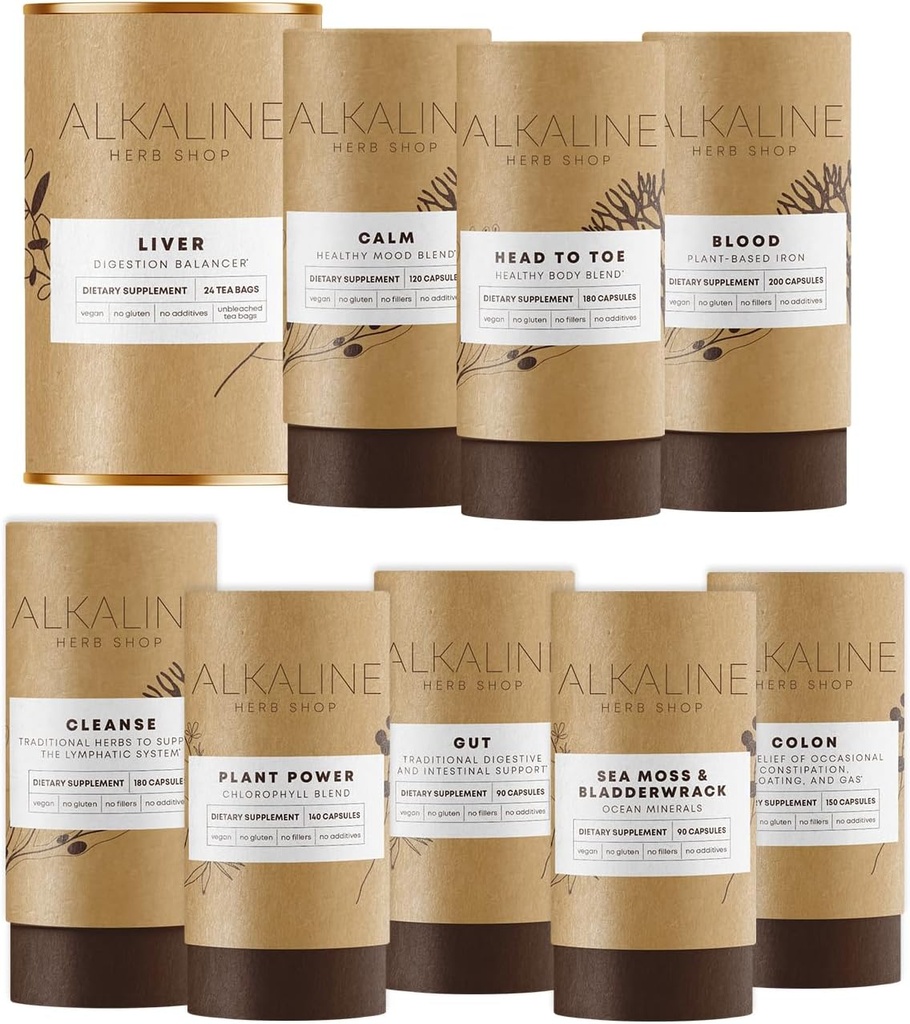 Alkaline Herb Shop The Body Essentials Bundle - Sea Moss & Bladderwrack, Chlorofyl, Iron, Happy Healthy Body, Happy Colon, Happy Lymph, Gut, Happy Leverthee en Happy Mood