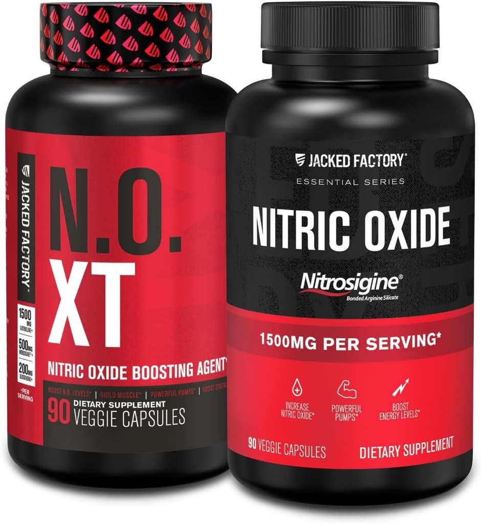 Jacked Factory N.O. XT Supplément à l'oxyde nitrique (90 capsules) & Nitrosigine L-Arginine Nitric Oxide Booster (90 capsules) pour la croissance musculaire, les pompes, la vasculaire & l'énergie
