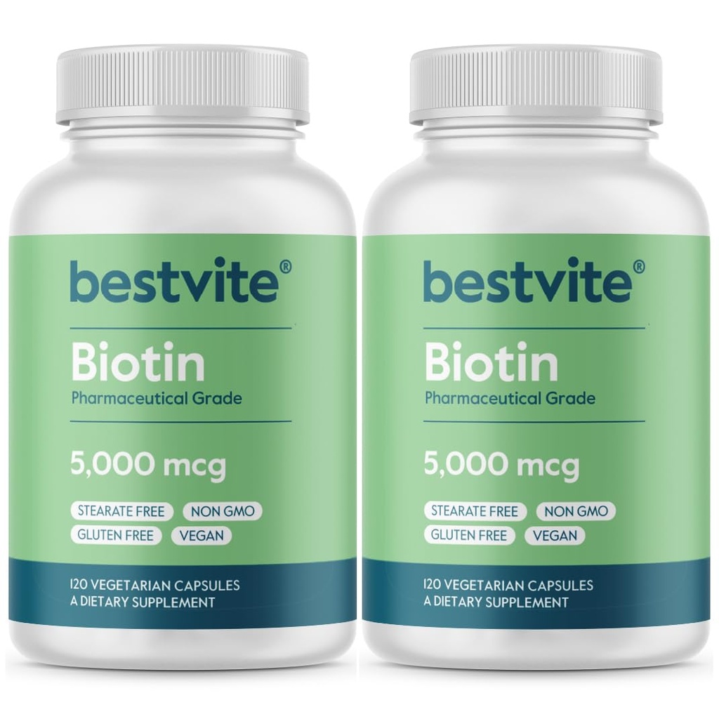 BESTVITE Biotin 5000mcg (240 Vegetarische capsules) (120 x 2) - Geen Stearates - Geen stroommiddelen - Veganistisch - Niet GGO - Glutenvrij - Haar, huid, nagels