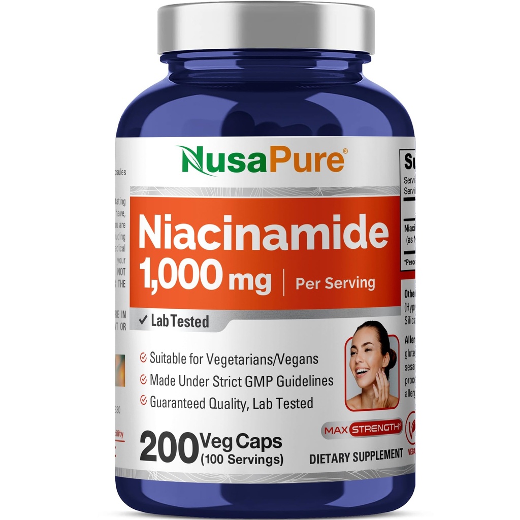 NusaPure Niacinamide 1000mg 200 Veggie Capsules (Non-GMO, Veganistisch) Flushvrij