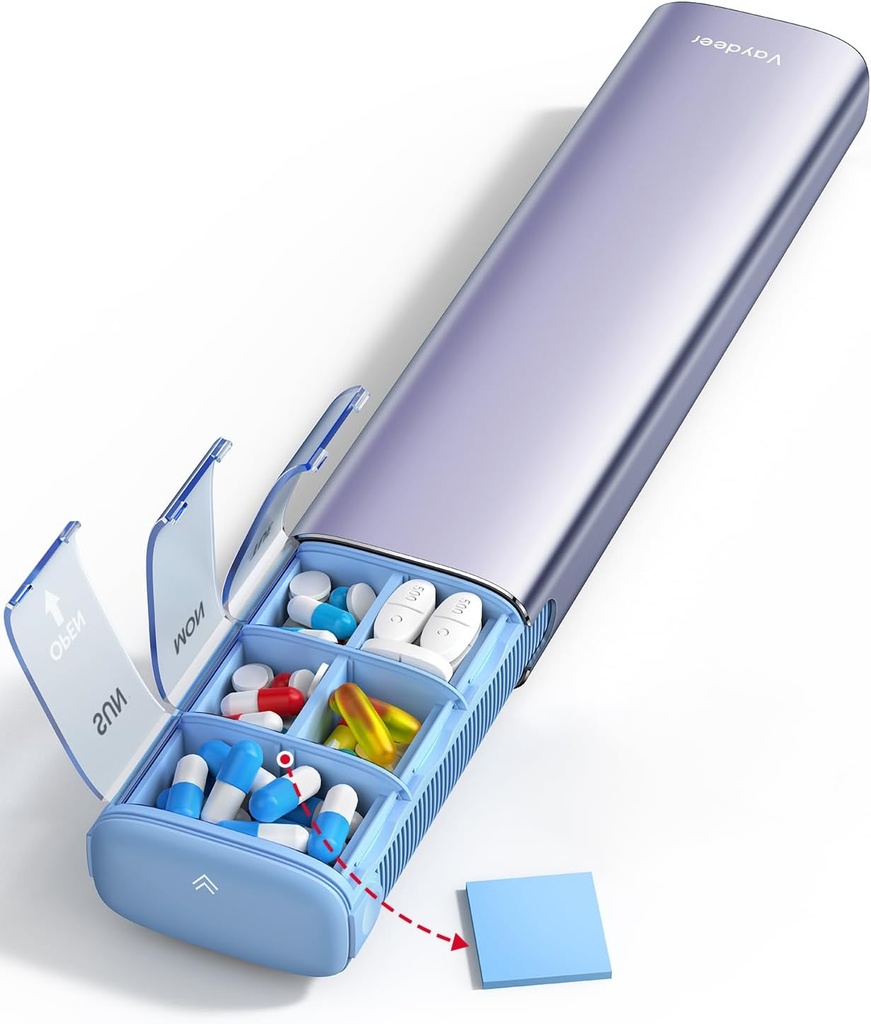 Vaydeer 7 dagen Weekly Pill Organizer (Support 2 keer per dag), Metal Travel Pill Case, Large Capacity Daily Cute Pill Box voor supplementen, pillen, vitamines en medicijnen (Purple), 8,3 * 2,1 * 1,2 Inch
