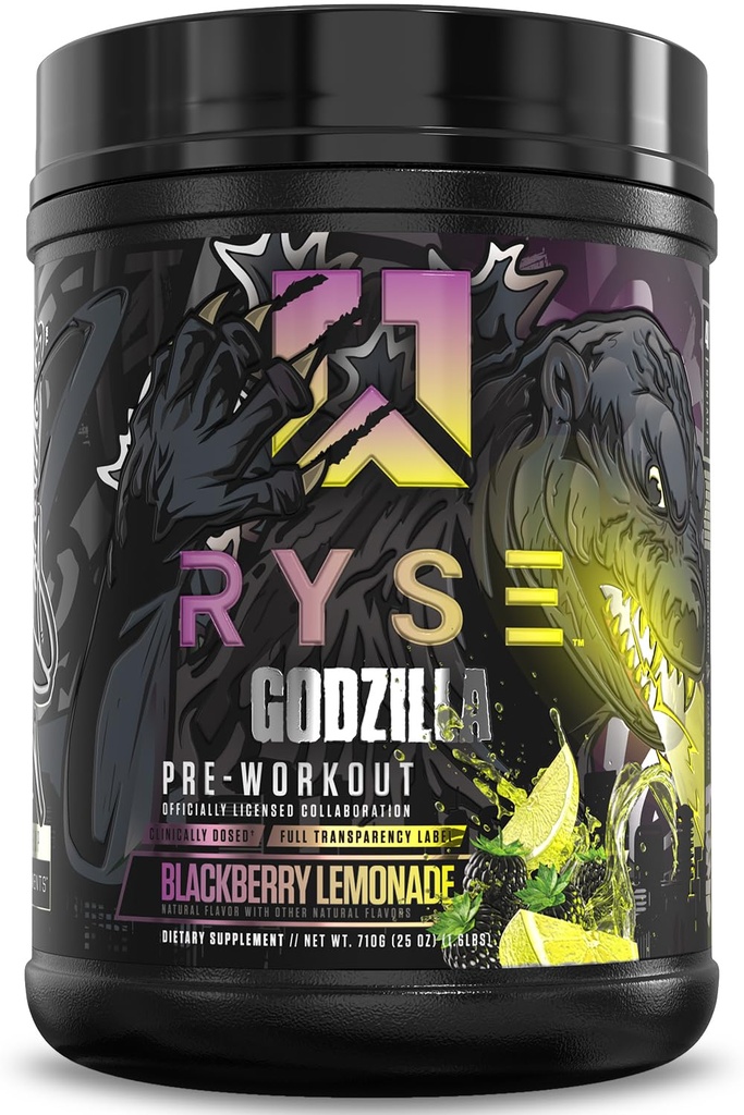 RYSE Godzilla X Noel Deyzel Pre Workout Powder - BlackBerry Limonade - 400mg Cafeïne, High Stim Pre-workout voor mannen en vrouwen met Citrulline & Beta Alanine - Energy, Pump & Focus - 20/40 Servers