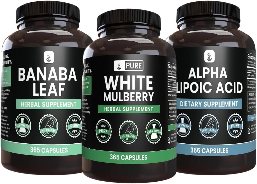PURE ORIGINEEL INGREDIËNTEN Witte Mulberry, Alpha Lipoic Acid, Banaba Capsule Bundle (365 Capsules), Pure & Onverdund, Lab geverifieerd