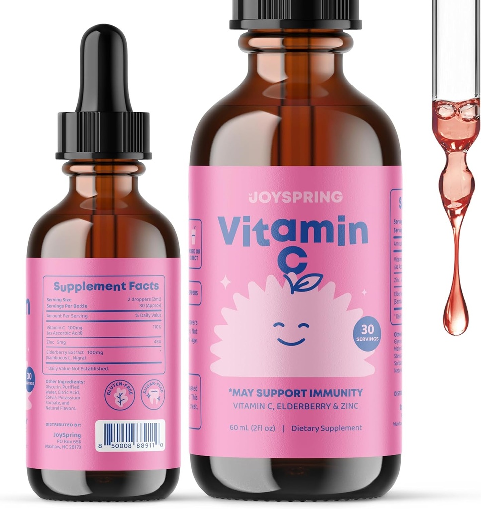 JoySpring Vitamine C + Vlierbessendruppels + Zink voor kinderen Immune Ondersteuning, Genius Drops voor Focus, en Vitamine D voor kinderen