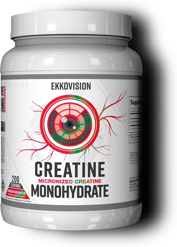 Ekkovision Creatine Monohydrate Powder, Micronized, Raspberry Watermeloen, Pre & Post Workout Supplement voor mannen en vrouwen, Energy Support, Eenvoudig te mengen in Shakes, Smoothies & Dranken, 200 porties