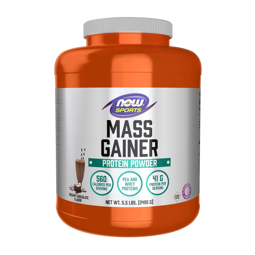 NOW Foods Sports Mass Gainer Proteïne Poeder, Romige Chocoladesmaak, Pea en Wei Proteïne Blend, 5,5 lbs.