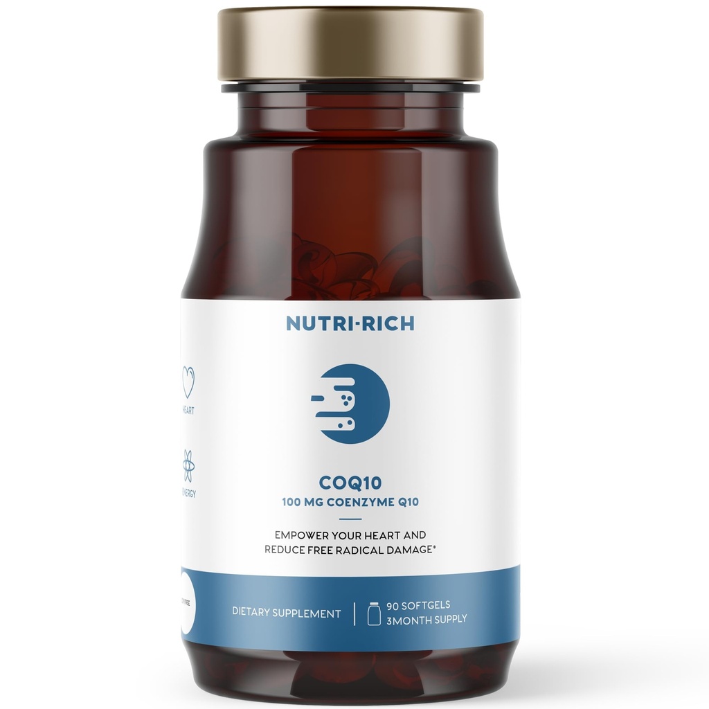 Nutri-Rich CoQ10 Softgels, Co-enzym Q10 Ubichinon voor hart en energie, Statin Usage & Cellular Health, derde partij getest, GMP kwaliteit, Geen kunstmatige additieven, Geen soja, Glutenvrij, 90 Tel.