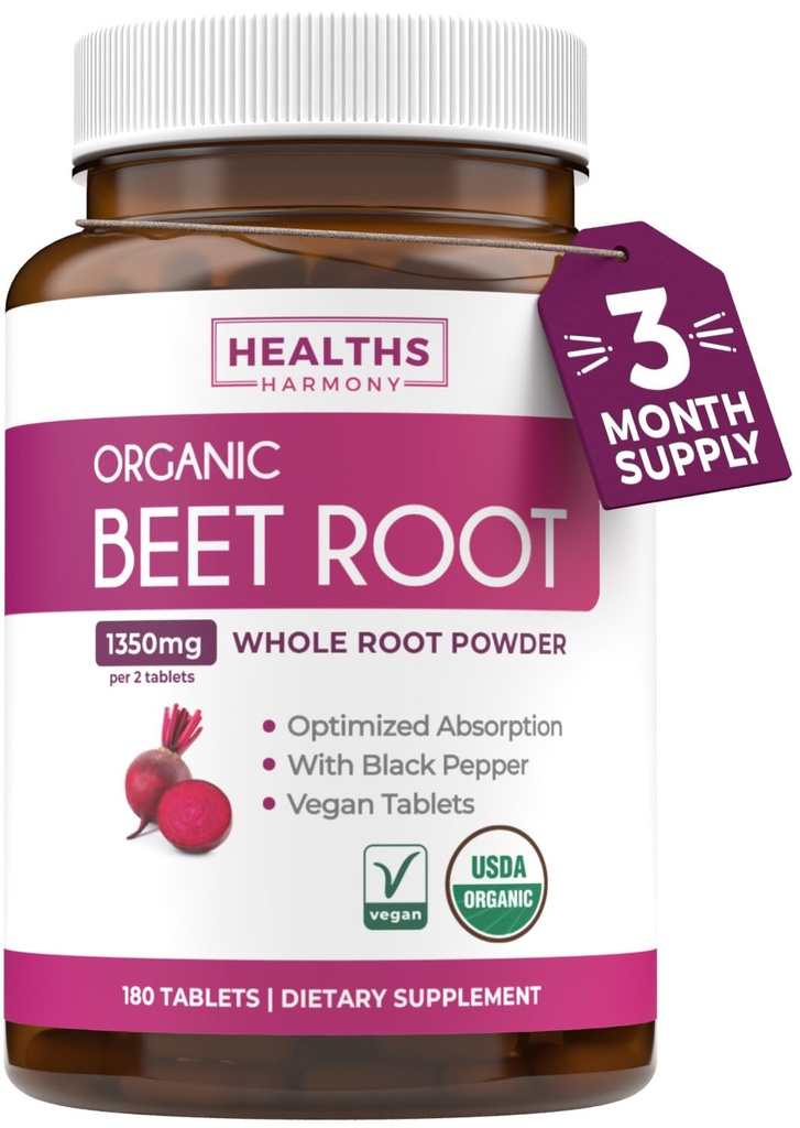 Biologische Beetwortelpoeder tabletten - Extra sterkte bietensupplement met zwarte peper Extract voor verbeterde absorptie ter ondersteuning van de gezondheid van het hart Nitric Oxide Productie & atletische prestaties (3 maanden)