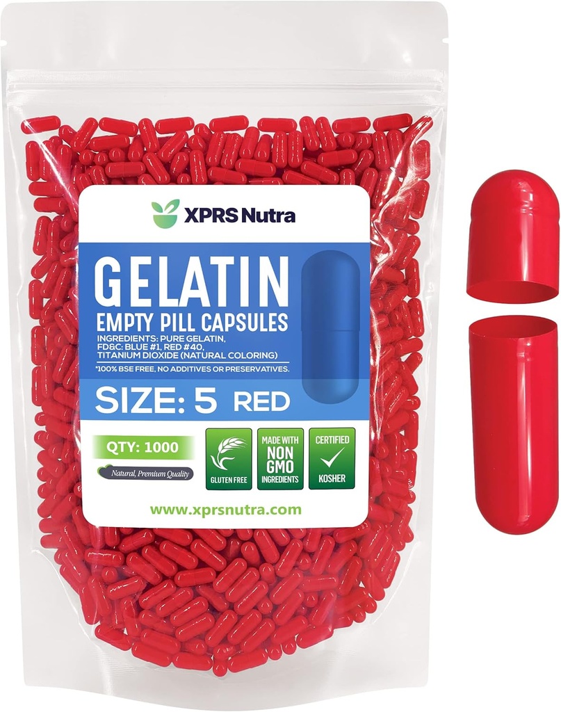 XPRS Nutra Maat 5 Lege capsules - 1000 Tellen Zeer kleine Lege Gelatine Capsules - Pillen DIY Capsule vullen - Vulbare Pill Gel Caps voor Do-It-Yourself Vitamine Supplementen (Rode)