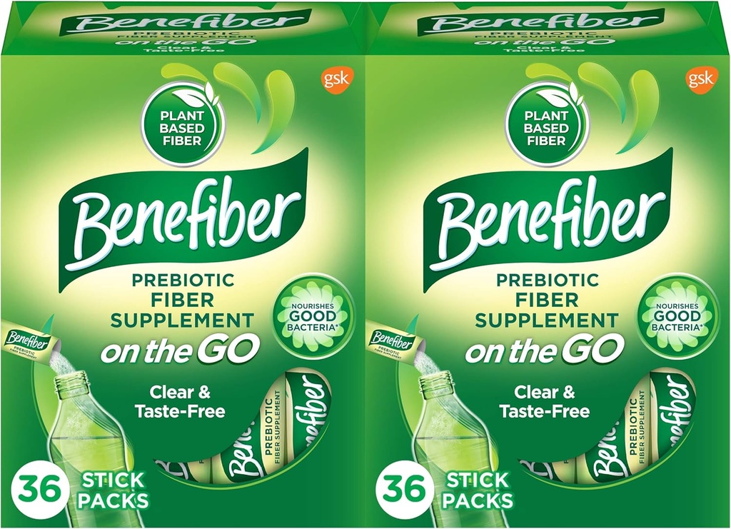 Benefiber On The Go Prebiotic Fiber Supplement Powder for Digestive Health, Daily Powder, Unflavored Stick Packs - 36 Sticks (pack van 2)