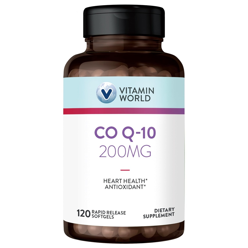 Vitamine World CoQ10 200 mg Softgels, Co-enzym Q10-supplementen voor antioxidantondersteuning, hartgezondheid en energieproductie, glutenvrij, 120 Rapid Release Softgels
