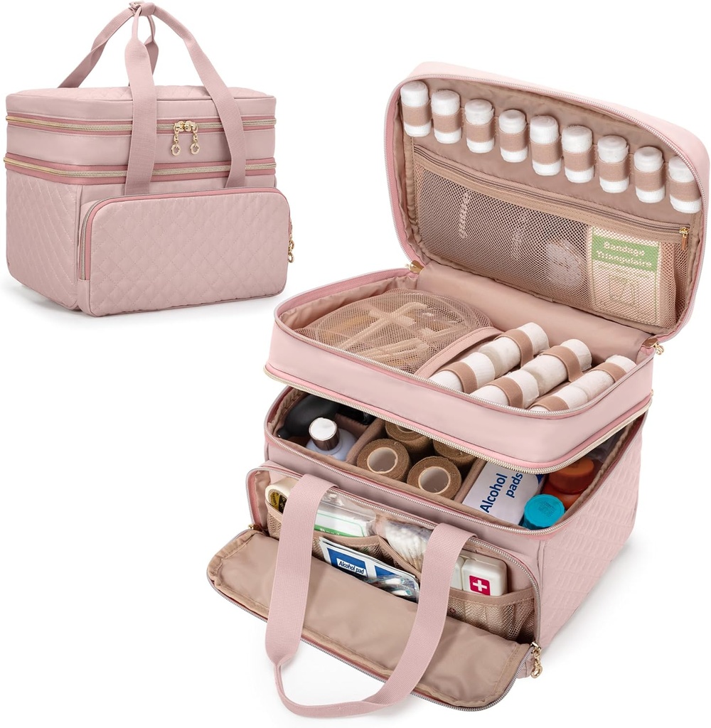 Yarwo Pillen Flessen Organisator Leeg, Dubbele Lagen Geneeskunde Reis Opslag Bag met 5 Aangepaste Dividers en afsluitbare Zippers voor Voorschrift flessen en Emergency EHBO Supplies, Roze