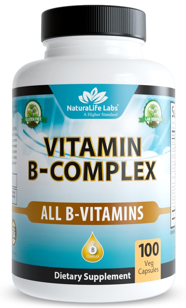 Laboratoires NaturaLife Complexe vitamine B avec vitamine C – Comprend B2 actif (Riboflavine-5-Phosphate), B6 (Pyridoxal-5-Phosphate), B9 (5-MTHF) et B12 (méthylcobalamine); plus B1, B3, B5 et B7 – 100 capsules