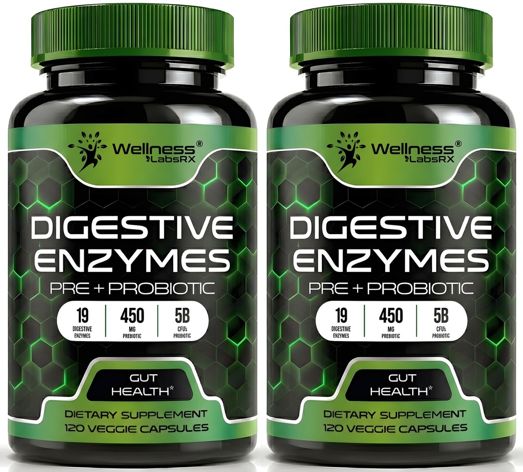 Digestieve enzymen met probiotica en prebiotica, 450 mg, 5 miljard CFUs - Pure Super Digestie Capsules - Digestieve enzymen voor vrouwen en mannen Ondersteuning Digestie & Gut Health - 120 Telling (pakket van 2)