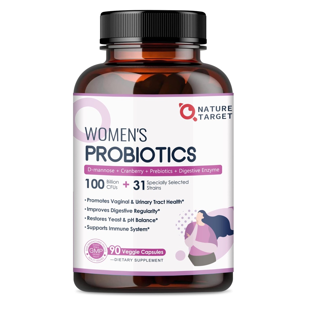 NATUUR TARGET Probiotica voor vrouwen, 100 miljard CFU Probiotica met spijsverteringsenzymen & Prebiotica, Vaginale Probiotica met Cranberry voor urine Tract Gezondheid, pH-balans, 90 Veggie Capsules