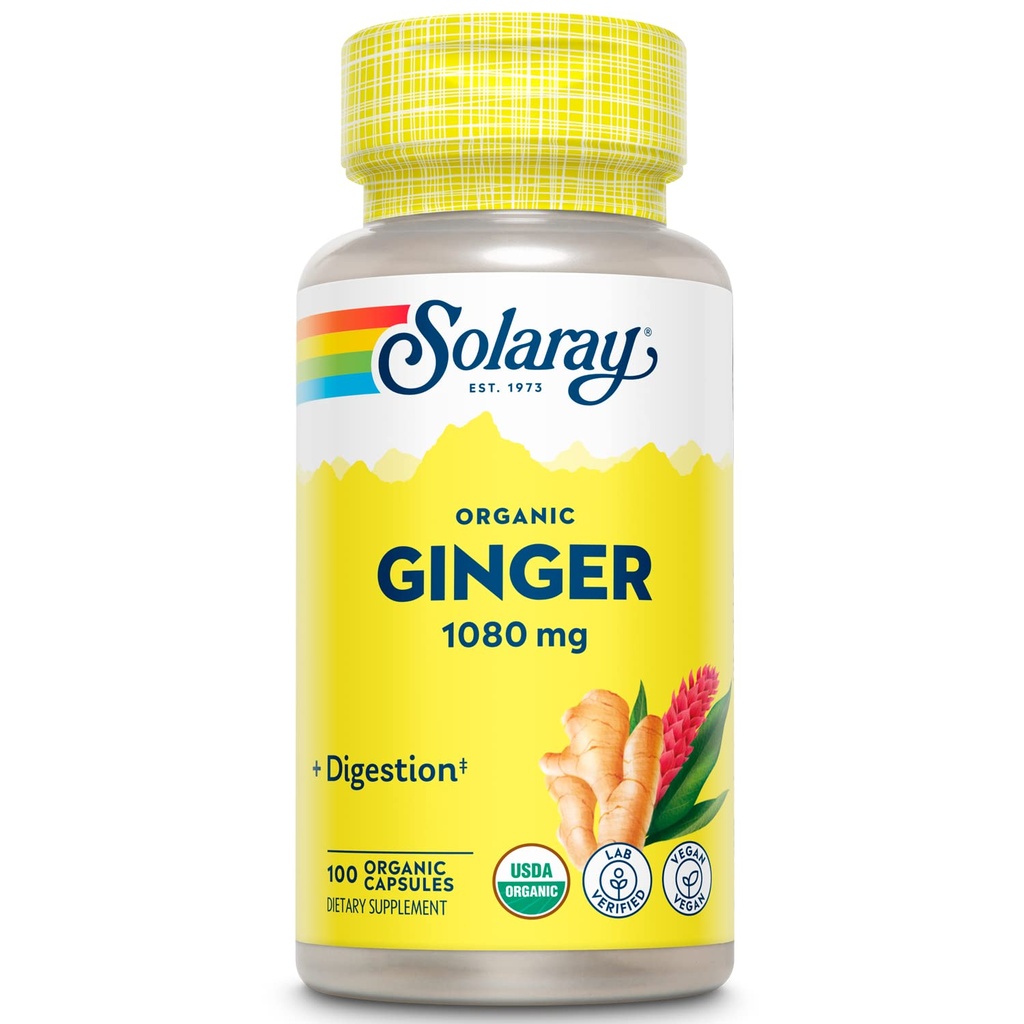 SOLARAY Organic Ginger 1080 mg - Organic Ginger Supplements - Relieves Misselijkheid en braken geassocieerd met bewegingsziekte, Ondersteunt Joint Health - Vegan, Non Drowsy, 60-dagen garantie, 50 porties