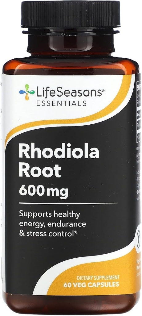 LifeSeasons Essentials Racine de Rhodiola - soutient la réponse au stress en santé, cycles de sommeil naturels, santé du cerveau et plus - Soutien calmaire naturel - 600 mg par 2 capsules - 30 jours d'approvisionnement