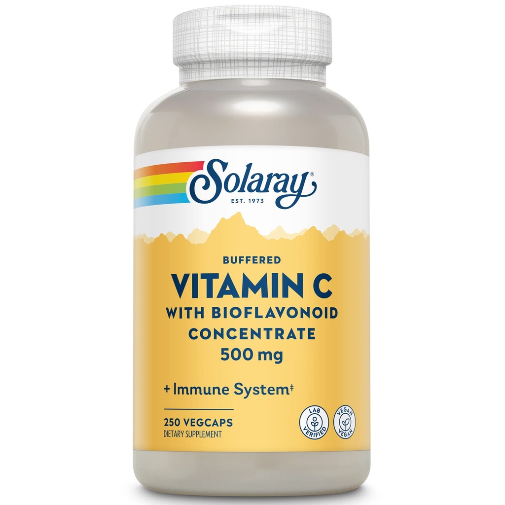 SOLARAY Vitamine buvée C 500mg - avec bioflavonoïdes, cerise de rose HIPS et Acerola - Supplément de soutien immunitaire - Facile à digérer, végétalien, laboratoire vérifié, garantie de 60 jours - 250 portions, 250 VegCaps