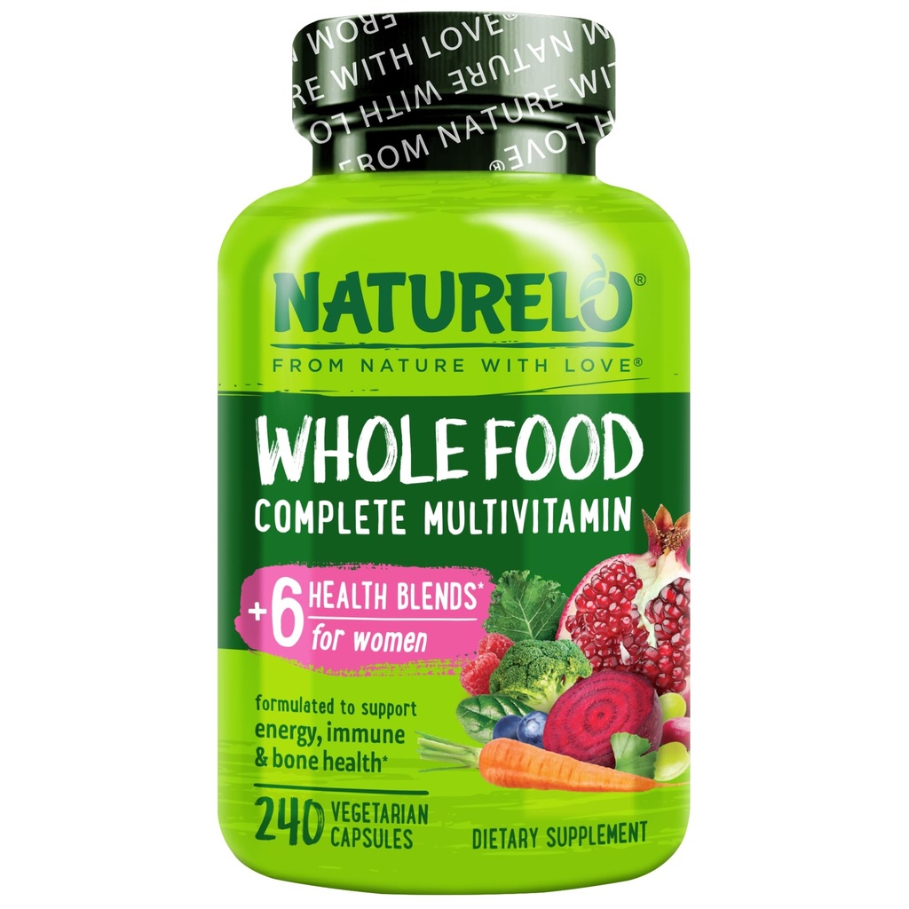 NATURELO Whole Food Multivitamine for Women - with Vitamins, Minerals, & Organic Extracts - Supplement for Energy and Heart Health - Non GMO - 240 Vegan Capsules