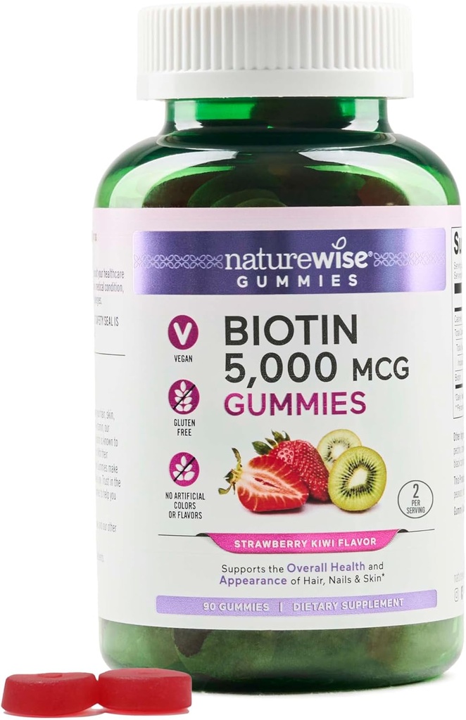 NatureWise Biotin Gummies - Ondersteunt gezond haar, huid en sterke nagels - Vitamine B7 5000mcg - Natuurlijke schoonheid - Aardbei-Kiwi smaak - Veganistisch, Non-GMO, Glutenvrij - 90 Tellen[45 Dagen Levering]