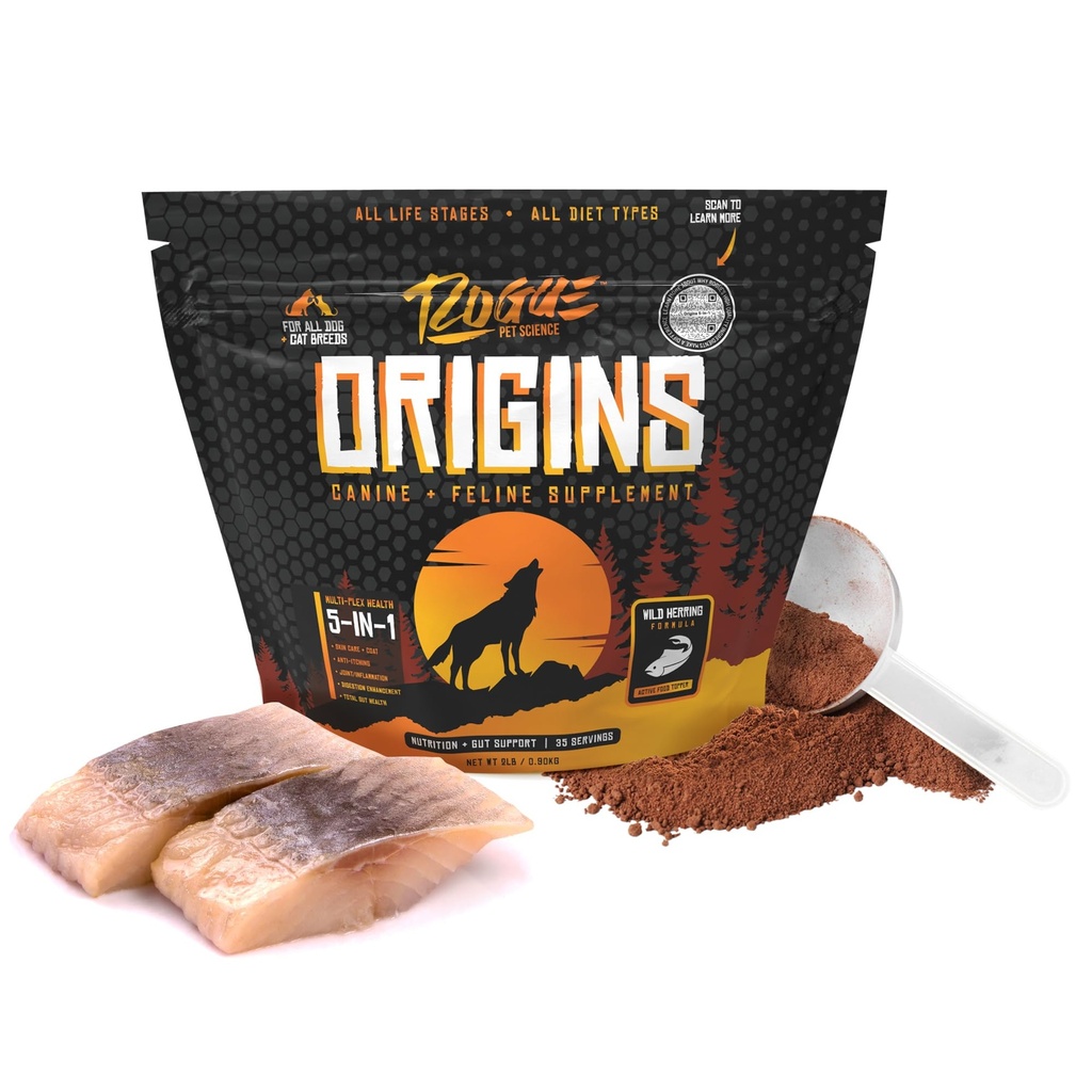 ROGUE PET SCIENCE Herkomst 5-in-1 Hondensupplement - Gepoederd voedsel Topper met/Natuurlijk Omega 3 Visolie - Ondersteunt gezonde spijsvertering, huid, en jas - helpt verminderen jeuk & gezamenlijke ontsteking (2 lbs)