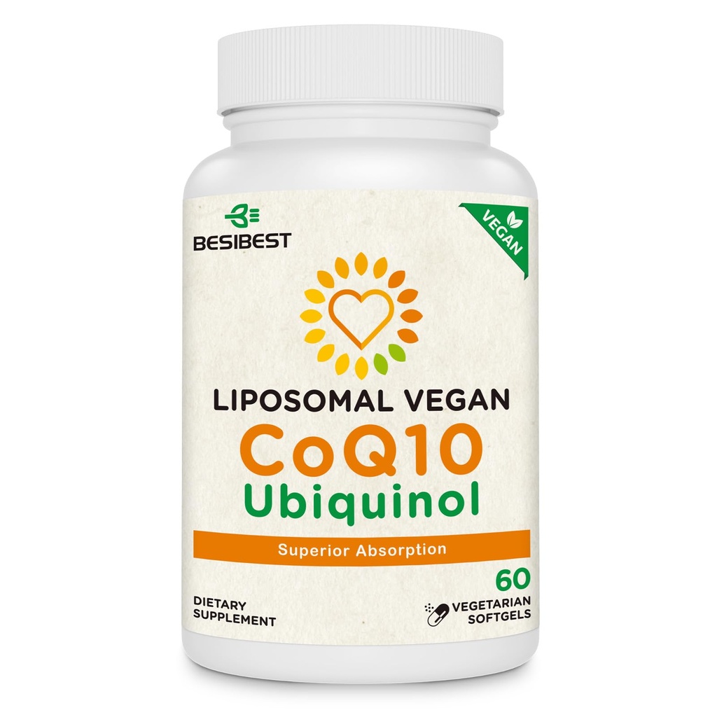 Besibest 1000mg Liposomal CoQ10 Ubichinol, 60 Vegan Softgels, Hoge Absorptie Ubichinol CoQ10 Supplement, Actieve Antioxidantvorm van Co-enzym Q10 voor Hartfunctie en Energieproductie