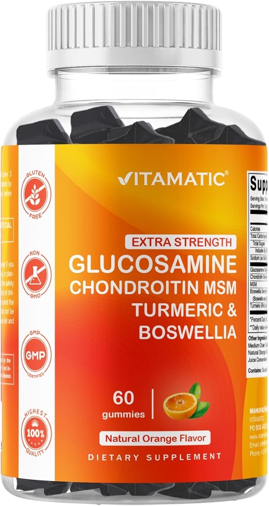 Vitamatic Extra Strength Glucosamine Chondroitin Gummies with MSM, Turmeric & Boswellia 