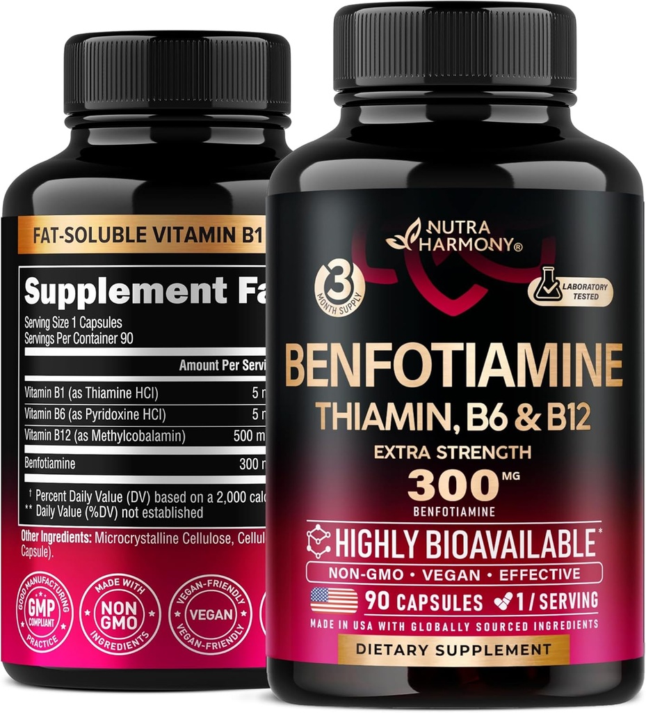 Benfotiamine 300 mg - Nerve Support, Energy & Metabolisme Support - Benfotiamine Supplement Vetoplosbare vitamine B1 - Zeer Biobeschikbaarheid en Absorbeerbaar - met thiomine, vitamine B12 & B6 - 90 capsules