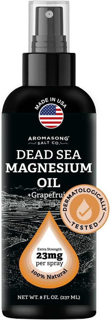 Aromasong Magnésium Spray Pamplemousse- Extra Strength (23mg dans chaque Spritz) 8 Oz - Spray naturel et pur d'huile de magnésium - Fabriqué aux États-Unis - pour désagrément des jambes et favorise un sommeil calme