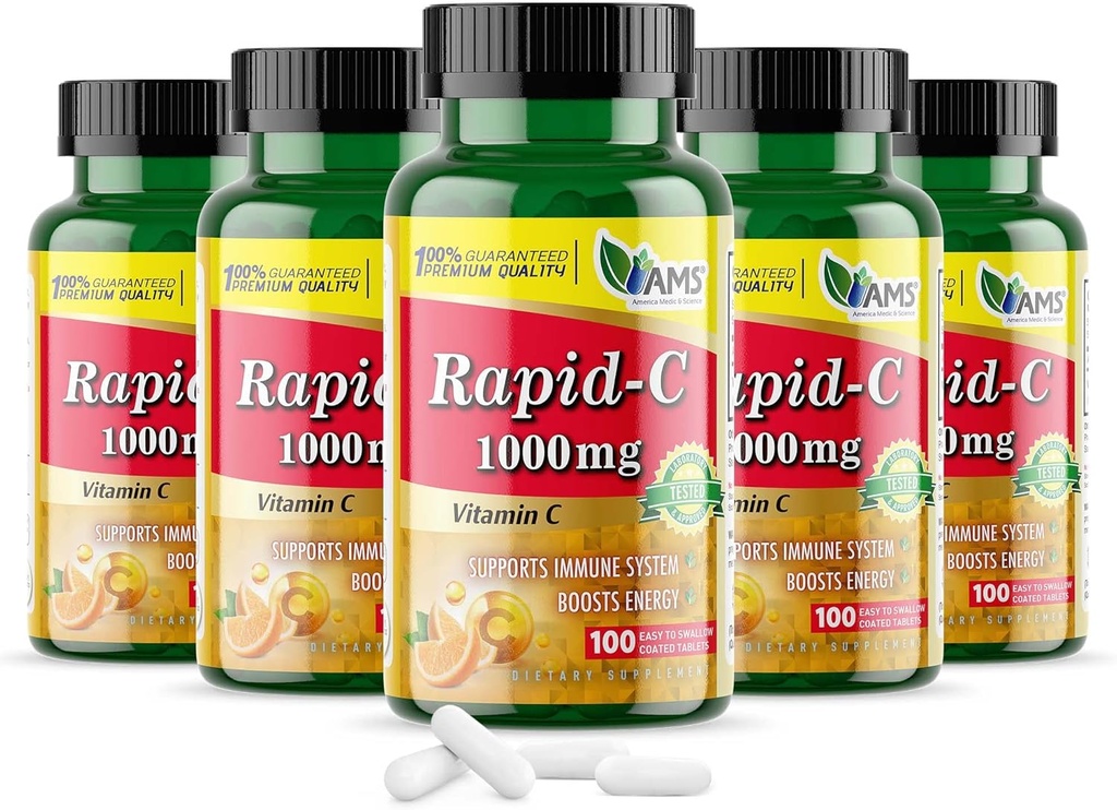 America Medic & Science Rapid-C 1000mg Vitamine C Supplement (5 Pack of 100 Tablets) Energy Booster, Daily Immuun System Support, Antioxidant 