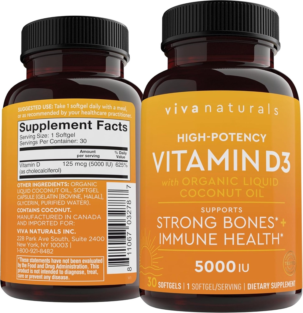 D3 Vitamine 5000 IE Softgels (125 mcg), 30 Softgels - High Potency Vitamine D Supplementen voor gezonde immuunfunctie, botten en spieren - Gemaakt met organische vloeibare kokosolie
