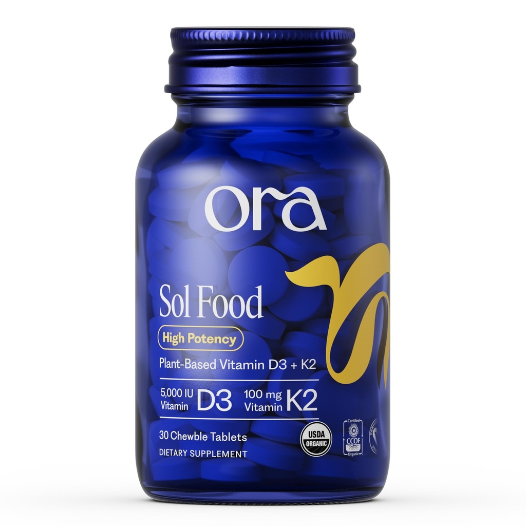 Ora Organic Vitamin D3 5000IU + K2 - Vegan Vitamin D from Lichen and K2 from Chickpeas for Bone Health, Immune Support, & Mood, Maximum Absorptie - 1 Month Supply, 30 Kauwtabletten