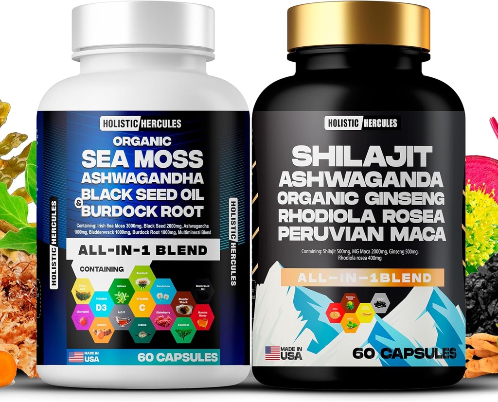 Hercules Holistic Classic Combo Bundle - Sea Moss 3000mg, Black Seed 2000mg, Ashwagandha 1000mg, Shilajit 5000mg, Panax Ginseng 1500mg, Péroun Maca 2000mg, Tous en 1 Suppléments Pack